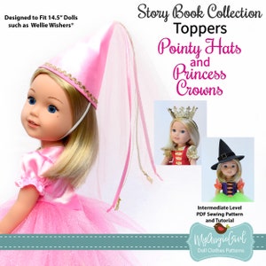 Op de afbeelding: Een roze en gouden prinsessenkroon met een lange roze sluier, ontworpen voor poppen van 14,5 inch. De kroon wordt getoond op een pop die een roze jurk draagt. De tekst "Story Book Collection Toppers Pointy Hats and Princess Crowns" staat bovenaan de afbeelding. De tekst "Intermediate Level PDF Sewing Pattern and Tutorial" staat onderaan de afbeelding. De tekst "My Angie Girl Doll Clothes Patterns" staat onderaan de afbeelding.