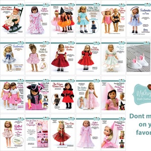 Puede incluir: Una colecci&oacute;n de patrones de ropa para mu&ntilde;ecas, con diversos dise&ntilde;os como vestidos, trajes de marinero y disfraces hist&oacute;ricos. Los patrones est&aacute;n disponibles en una variedad de colores y estilos, algunos dise&ntilde;ados para mu&ntilde;ecas de 14,5". La imagen tambi&eacute;n incluye el texto "MyAngieGirl Doll Clothes & Patterns."