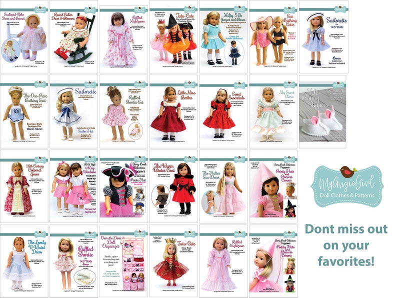 Puede incluir: Una colecci&oacute;n de patrones de ropa para mu&ntilde;ecas, con diversos dise&ntilde;os como vestidos, trajes de marinero y disfraces hist&oacute;ricos. Los patrones est&aacute;n disponibles en una variedad de colores y estilos, algunos dise&ntilde;ados para mu&ntilde;ecas de 14,5". La imagen tambi&eacute;n incluye el texto "MyAngieGirl Doll Clothes & Patterns."