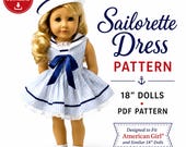 Sailor Dress Pattern for 18 Inch Dolls, American Girl Clothes PDF, Nautical Doll Dress Sewing Pattern, Instant Download