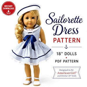 Patrón de vestido marinero para muñecas de 45 cm, ropa para American Girl en PDF, patrón de costura de vestido náutico para muñecas, descarga instantánea.