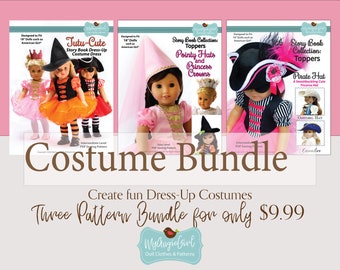 Costume Bundle 3-Patterns Tutu-Cute Pointy Hats and Storybook Pirate Hats for 18 Inch Dolls - PDF Sewing Pattern