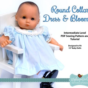 MyAngieGirl Round Collar Dress & Bloomers for 15" Baby Dolls - PDF Sewing Pattern