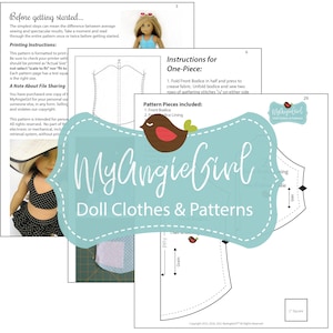 May include: A collection of doll clothes and patterns from MyAngieGirl. The image features pattern instructions, a doll wearing a swimsuit, and the brand's logo. The patterns include instructions for a one-piece outfit.