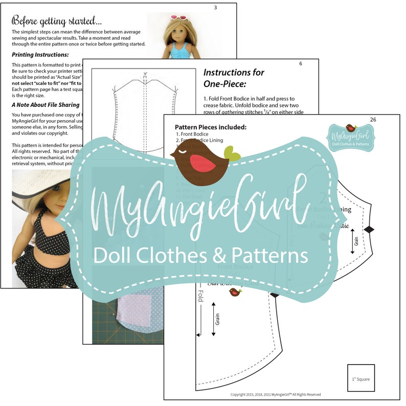 May include: A collection of doll clothes and patterns from MyAngieGirl. The image features pattern instructions, a doll wearing a swimsuit, and the brand's logo. The patterns include instructions for a one-piece outfit.