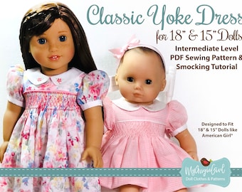 Classic Smocked Yoke Dress Pattern by MyAngieGirl for 18 and 15 Inch Dolls - PDF Sewing Pattern