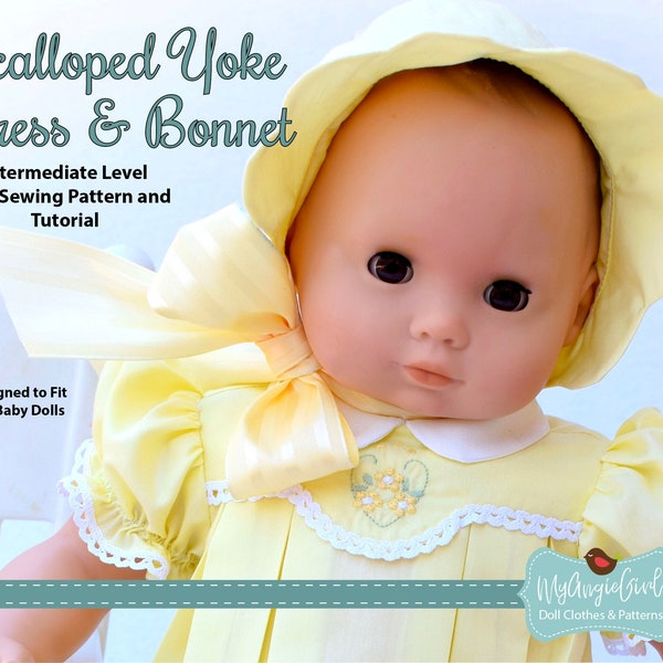 MyAngieGirl Scalloped Yoke Dress & Bonnet for 15" Baby Dolls - PDF Sewing Pattern