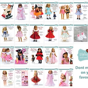May include: A collection of doll clothes and pattern designs, featuring various outfits like dresses, sailor suits, and historical costumes. The designs include a variety of colors and styles, with some patterns specifically for 14.5" dolls. The image also includes the text "MyAngieGirl Doll Clothes & Patterns."