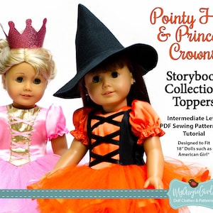 May include: A PDF sewing pattern and tutorial for making pointy hats and princess crowns for 18-inch dolls. The pattern is designed for an intermediate sewing level. The image shows two dolls wearing the finished hats and crowns. The text on the image reads "Pointy Hats & Princess Crowns Storybook Collection: Toppers Intermediate Level PDF Sewing Pattern and Tutorial Designed to Fit 18" Dolls such as American Girl" and "My Angie Girl Doll Clothes & Patterns".