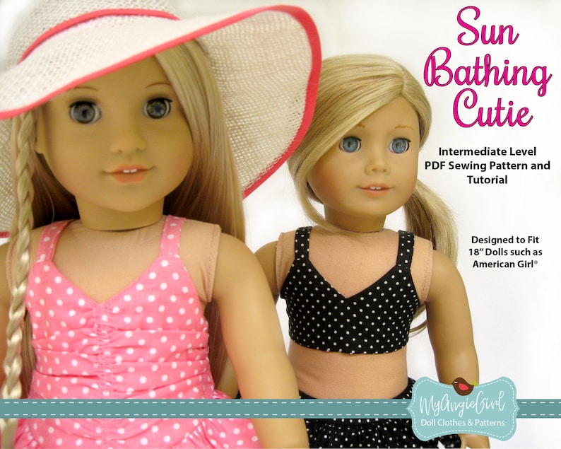 May include: Two dolls wearing swimwear. One doll is in a pink polka dot swimsuit and a white sun hat with a pink trim. The other doll is in a black polka dot bikini. Text on the image reads "Sun Bathing Cutie" and "Designed to Fit 18" Dolls such as American Girl".