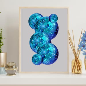 Impressão de bola de discoteca azul, arte de parede estética de discoteca, arte de parede de apartamento, pôster azul retrô, pôster de bola de discoteca, arte de parede azul da moda JPG Wall Art