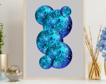 Blue Disco Ball Print, Aesthetic Disco Wall Art, Apartment Wall Art, Retro Blue Poster, Disco Ball Poster, Blue Trendy Wall Art JPG Wall Art
