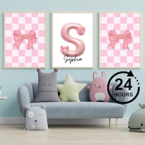 Custom Name Girl Nursery Prints: Pink Bow, Checkerboard (Digital Download)
