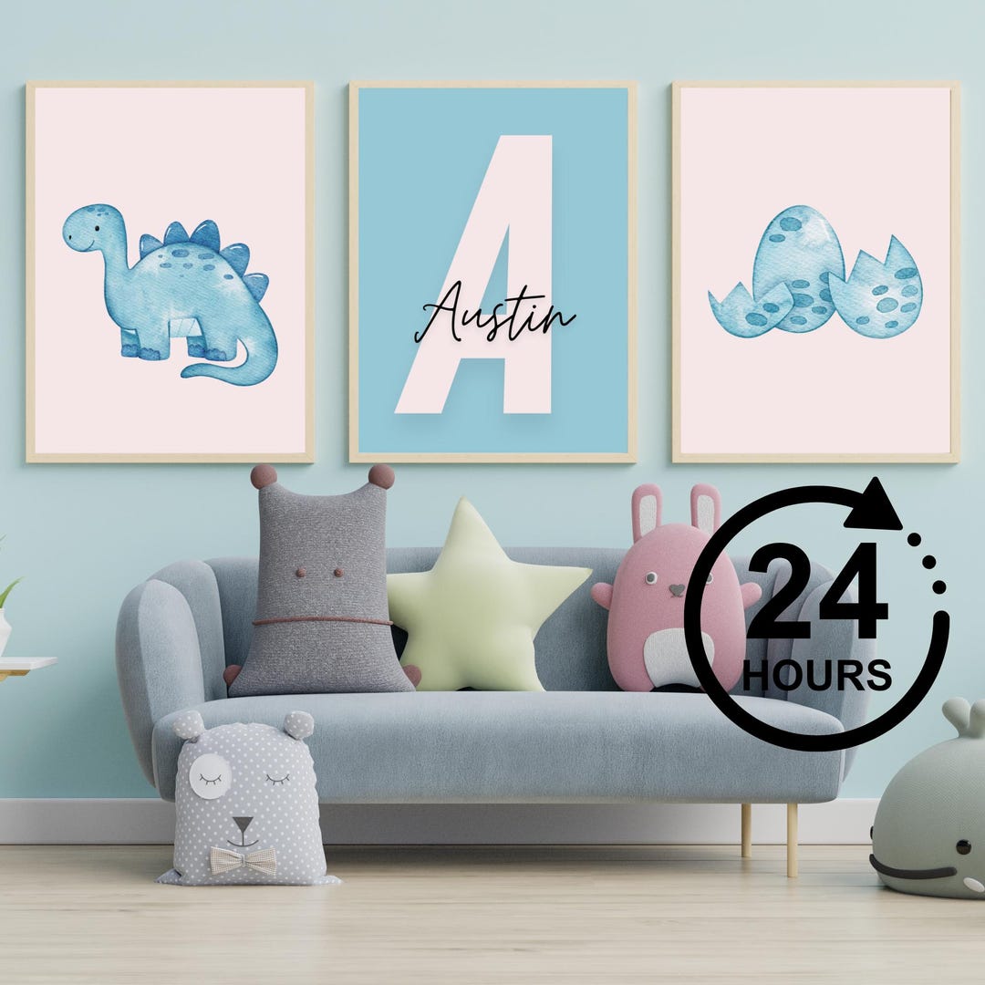 Custom Dinosaur Nursery Print Set of 3 Wall Art Poster Initial Name ...