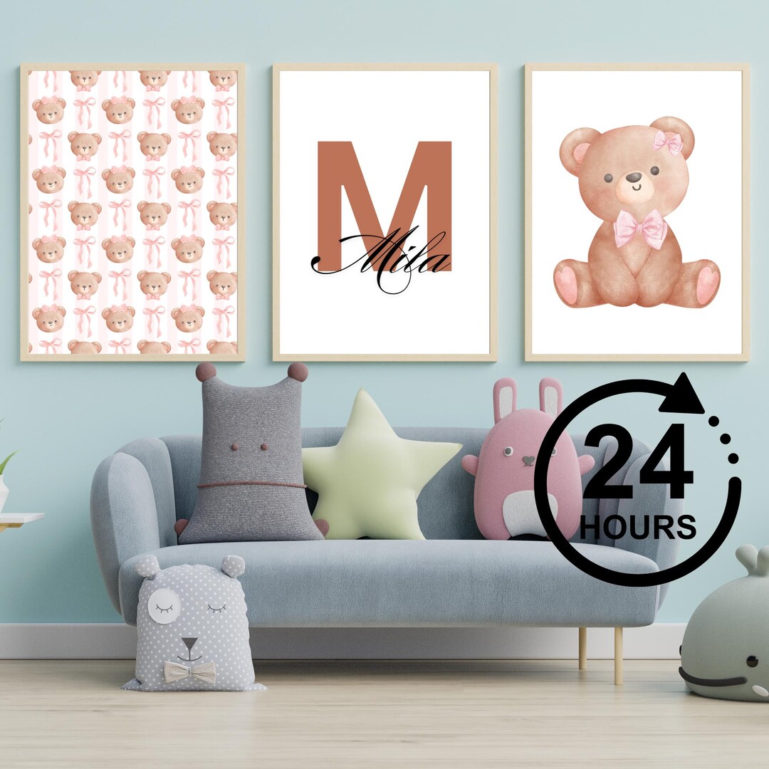 Set of 3 Custom Teddy Bear Nursery Wall Art Print| Personalized Name ...