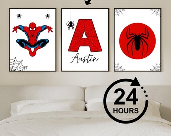 Spiderman Themed Wall Art Prints Set of 3 Nursery Decor Superhero Custom Print Toddler Boy Digital Posters Personalized Name Boys Room Decor