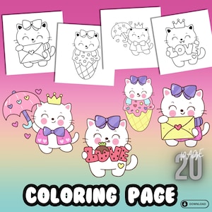 Cute Coloring Pages to Practice Skills and Techniques, Printable Instant Digital Download PDF Workbook for Creative Colorists Cute Cat fun