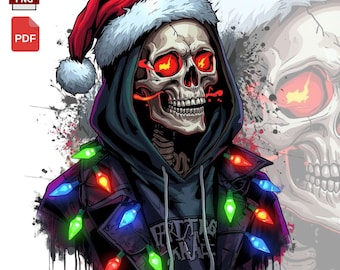 Christmas Skeleton PNG | Gothic Neon Xmas Santa Skull Hoodie Clipart | Scary Xmas Sublimation Design