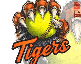 Tigers Softball PNG – Claw Holding Softball, Team Logo Sublimation Design