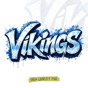 Könnte beinhalten: Ein digitales Grafikdesign mit dem Wort VIKINGS in einer stilisierten Graffiti-Schriftart. Die Buchstaben sind in Weiß- und Hellblautönen mit dunkelblauen Umrandungen gehalten und von blauen Farbspritzern und Tropfen auf weißem Grund umgeben.