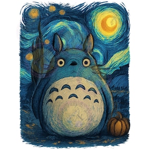 May include: A whimsical illustration of Totoro from My Neighbor Totoro, set against a backdrop inspired by Van Gogh's "Starry Night." The image features a blue Totoro, a crescent moon, and a small orange pumpkin.