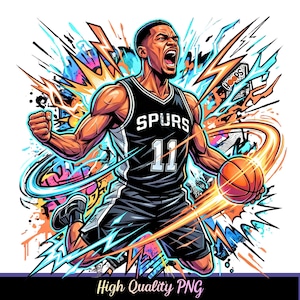 May include: A basketball player wearing a black Spurs jersey with the number 11, shouting with a clenched fist. The player holds a basketball surrounded by orange and blue lightning bolts and abstract graffiti-style splashes of color.