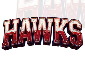 HAWKS PNG, Distressed Varsity Football Typography, Red White Sports Shirt Design, Sublimation