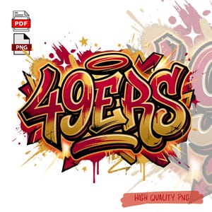 49ers Streetwear Graffiti Logo PNG, zweifarbige rotgoldene Typografie, Urban Football Design