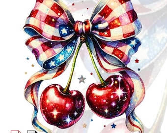 Patriotic Cherry Coquette Bow PNG, Faux Glitter Sublimation Design (Independence Day)