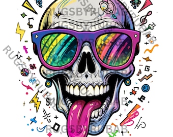 Colorful Skull Tongue Design: PNG + PDF Digital Download