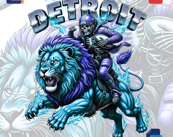 Detroit Lion and Skeleton Football Mascot PNG: Fiery Sports Sublimation Design