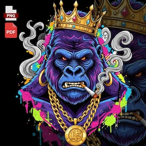 Könnte beinhalten: Eine lebendige Illustration eines Gorillas mit goldener Krone, Kette und Medaillon, der eine Zigarette raucht. Der Gorilla ist mit blauem und lila Fell dargestellt, mit bunten Farbspritzern im Hintergrund. Enthält PNG- und PDF-Dateityp-Symbole.