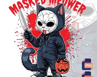 マスクをつけたニャー猫のPNG画像、怖いハロウィンの子猫のクリップアート、昇華プリント用デジタルダウンロード