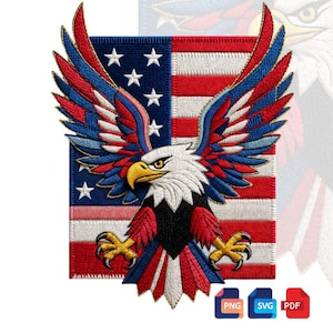 Op de afbeelding: Geborduurde patch met een Amerikaanse zeearend met uitgespreide vleugels, tegen een achtergrond van de Amerikaanse vlag. De adelaar is uitgevoerd in rood, wit, blauw en geel, met gedetailleerde stiksels. De patch bevat PNG-, SVG- en PDF-bestand pictogrammen.