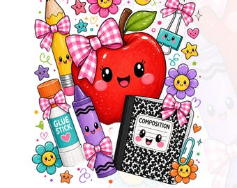 Back to School PNG, Kawaii School Supplies Sublimation Design