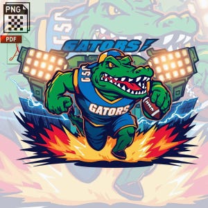 Peut inclure: Illustration d'un alligator vert portant un uniforme de football bleu et jaune et une casquette, courant avec un ballon de football. Le mot "Gators" est affiché en bleu et blanc. L'arrière-plan comprend des éclairs et des projecteurs.