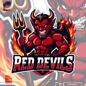 May include: A cartoon illustration of a muscular red devil holding a gold trident, surrounded by flames. The text "RED DEVILS" is displayed in a bold, white font with a red outline. The devil has horns and a menacing expression.