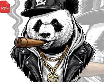 Hip Hop Panda Art PNG | Gangster Panda with Cigar & Gold Chain | Streetwear Sublimation Design