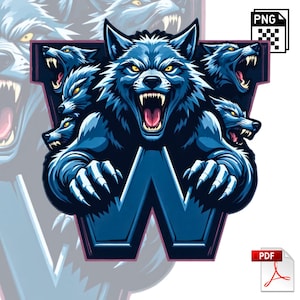 Könnte beinhalten: Stilisierte Illustration eines Wolfsrudels in Blautönen, zentriert auf einem großen "W". Der zentrale Wolf hat ein geöffnetes Maul und zeigt seine Zähne. Das Design umfasst scharfe Krallen und mehrere Wolfsköpfe, was ein dynamisches Bild erzeugt.