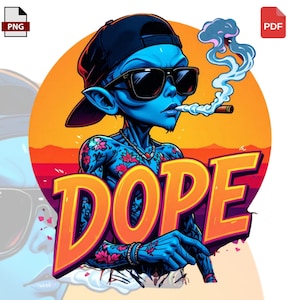 Puede incluir: Ilustración de un personaje alienígena azul con gafas de sol y gorra de béisbol al revés, fumando un cigarro. La palabra "DOPE" se muestra en letras grandes de color naranja. El alienígena tiene tatuajes y está sobre un fondo naranja y amarillo.