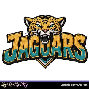 May include: An embroidered patch featuring a stylized jaguar head with yellow, black, and white fur, positioned above the word JAGUARS in bold, block lettering. The text is split horizontally with gold on top and teal on the bottom, outlined in black.