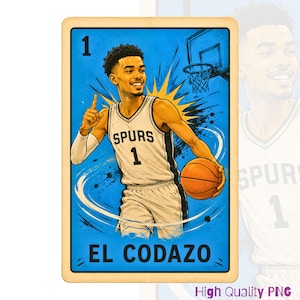 May include: A rectangular graphic print featuring a basketball player in a white Spurs jersey with the number 1, holding a basketball. The background is blue with a basketball hoop and the text EL CODAZO and the number 1 at the top corner.