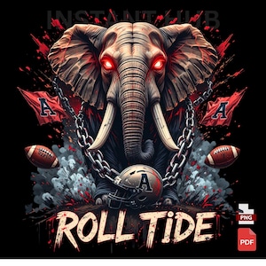 Könnte beinhalten: Digitale Illustration eines Elefanten mit roten Augen, geschmückt mit einer Kette und einem Footballhelm. Zwei Flaggen mit dem Buchstaben "A" und zwei Fußbälle flankieren den Elefanten. Der Text "ROLL TIDE" steht unten.