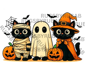 Retro Halloween PNG: Black Cat, Ghost Cat, Pumpkin Clipart (Digital Download)
