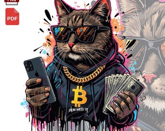 Crypto Cat PNG with Bitcoin Bling |Sublimation Design for Traders, DTF (Digital Download)