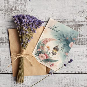 Cartão Eid Mubarak para impressão, download digital de cartão de felicitações islâmico, presentes islâmicos, Eid al Fitr, cartões digitais em inglês e árabe, tamanho 5x7, A6