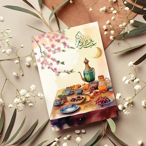 Cartão Eid Mubarak para impressão, download digital de cartão de felicitações islâmico, presentes islâmicos, Eid al Fitr, cartões digitais em árabe e inglês tamanho 5x7, A6