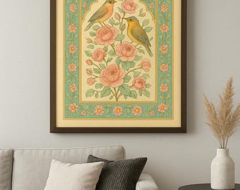 Islamic Wall Art | Persian Birds and Roses | Traditional Floral Painting | Islamic Home Decor | Islamic Gift | Elegant Muslim Wall Art