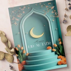 Cartão Eid Mubarak para impressão, download digital de cartão de felicitações islâmico, presentes islâmicos, Eid al Fitr, designs islâmicos, cartões digitais tamanho 5x7, A6