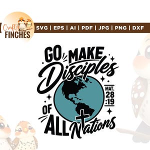 May include: A digital graphic design featuring the black text "GO MAKE Disciples OF ALL Nations" surrounding a teal globe with a black silhouette of the Americas and a black cross. The text "MAT. 28:19" is positioned to the right of the globe.